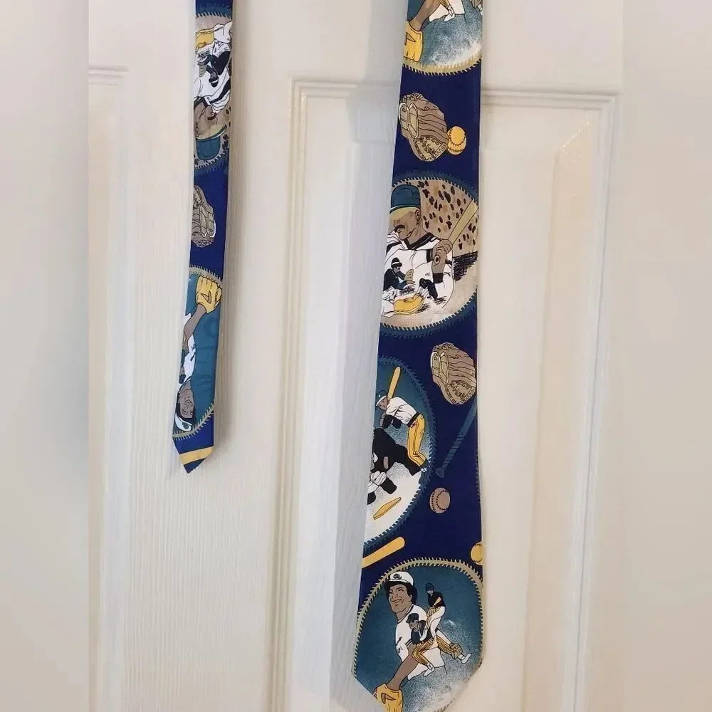 Paris Moderns Paris Design Baseball Print Navy Blue Mlticlrd 100% SILK Neck Tie